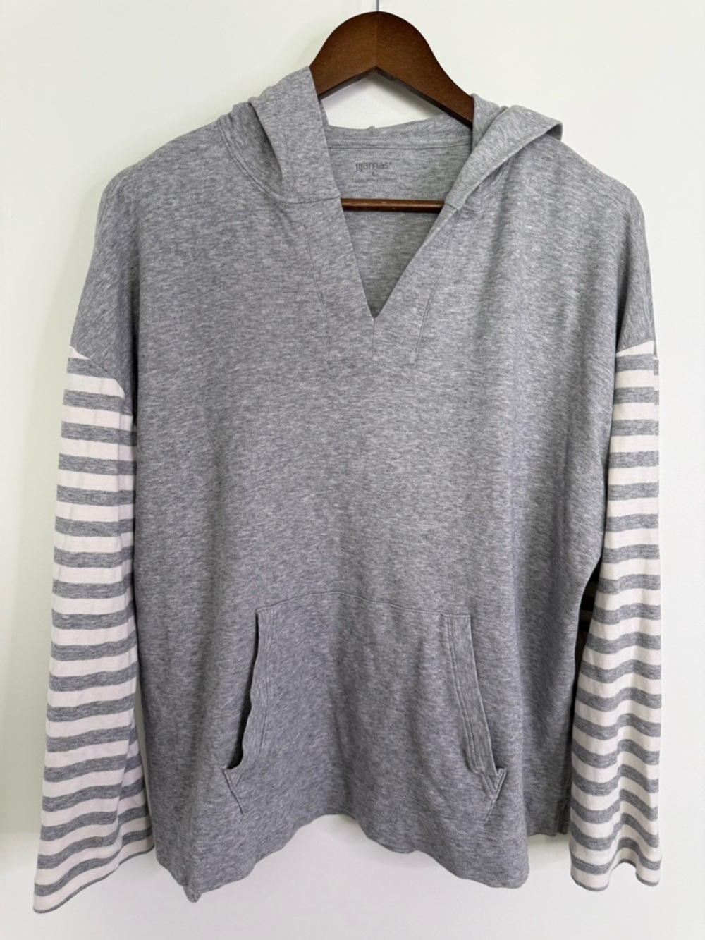 Jijamas 100% Pima Cotton Grey Striped Hooded Pajama Lounge Top Size Large